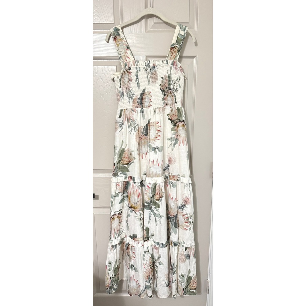 Express Maxi Dress Size S Ivory Protea Floral Smocked Tiered Linen Blend Summer